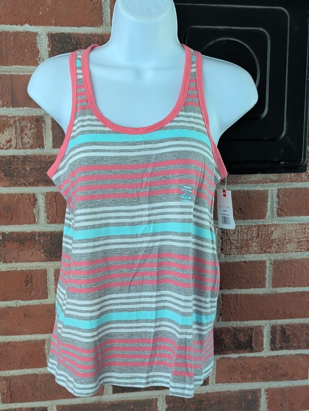 Izod Salmon Rose Striped Cotton Racerback Tank Top Size S